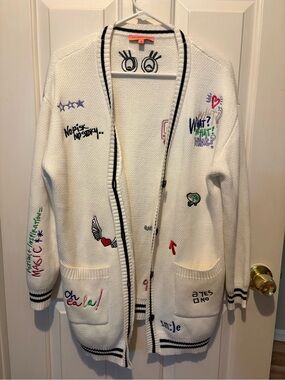 Vilagallo White Cardigan with Embroidered Graphics